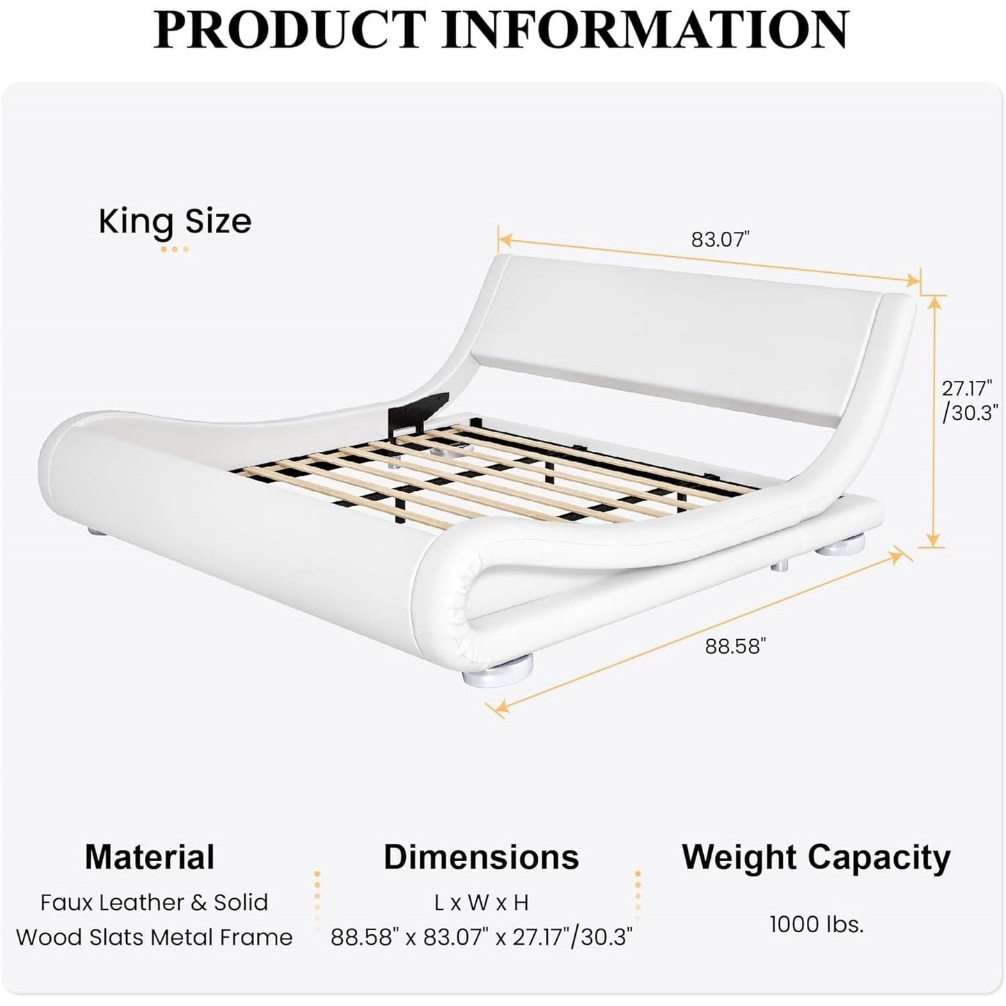 King Modern White Upholstered Platform Bed Frame with Sleigh Curved Headboard FastFurnishings