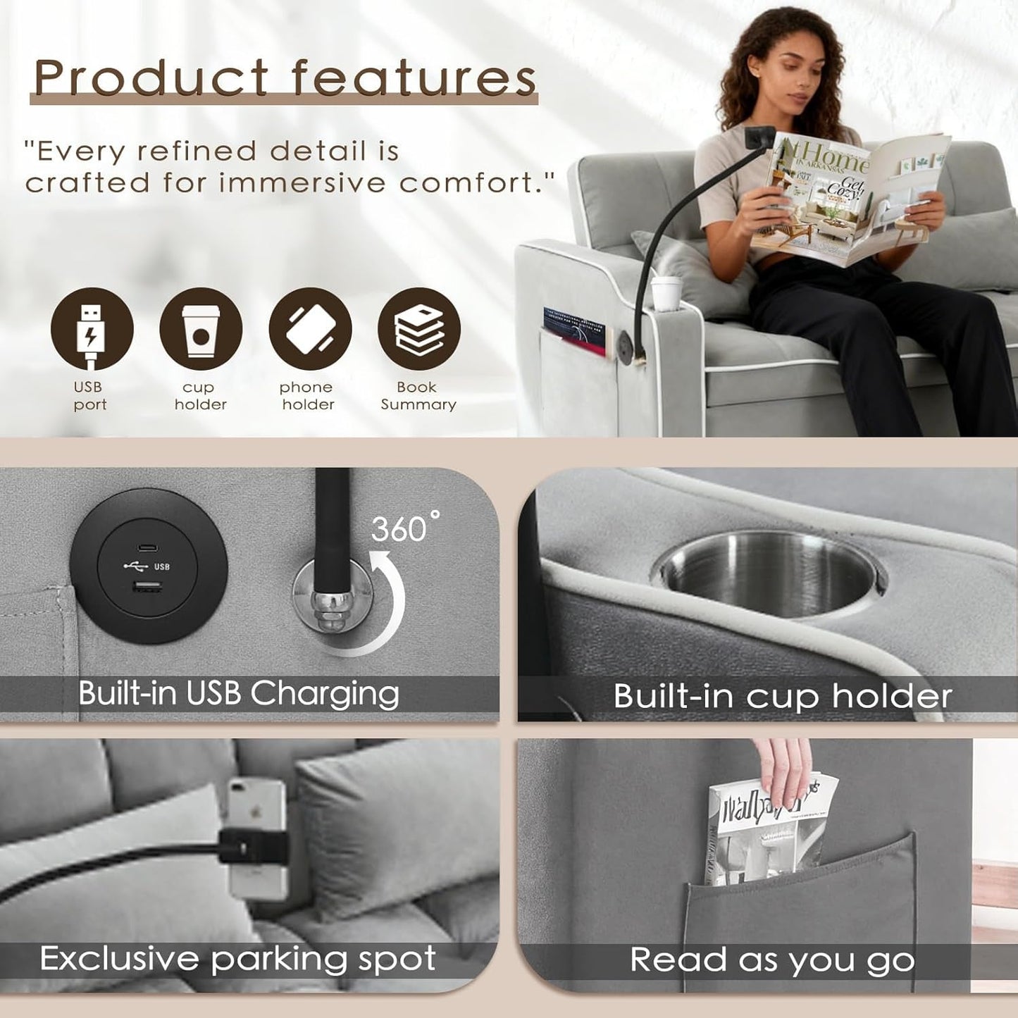 Grey Convertible Sleeper Loveseat Bed With ThreeInOne ShipItFurniture