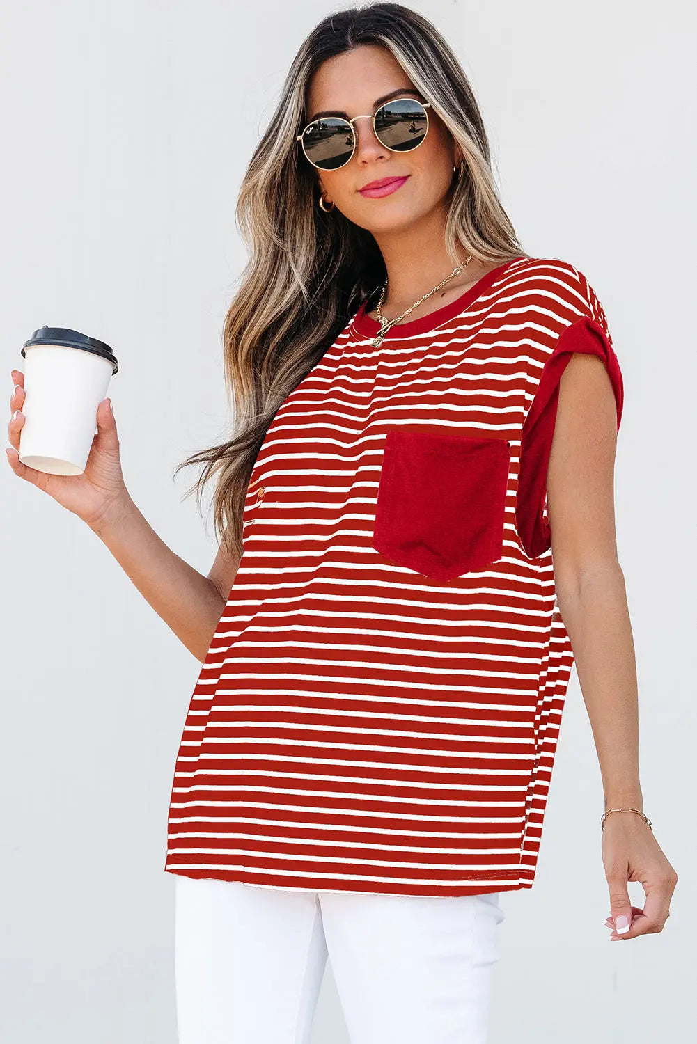 Annika Stripe Round Neck Tank Top Threaded Pear