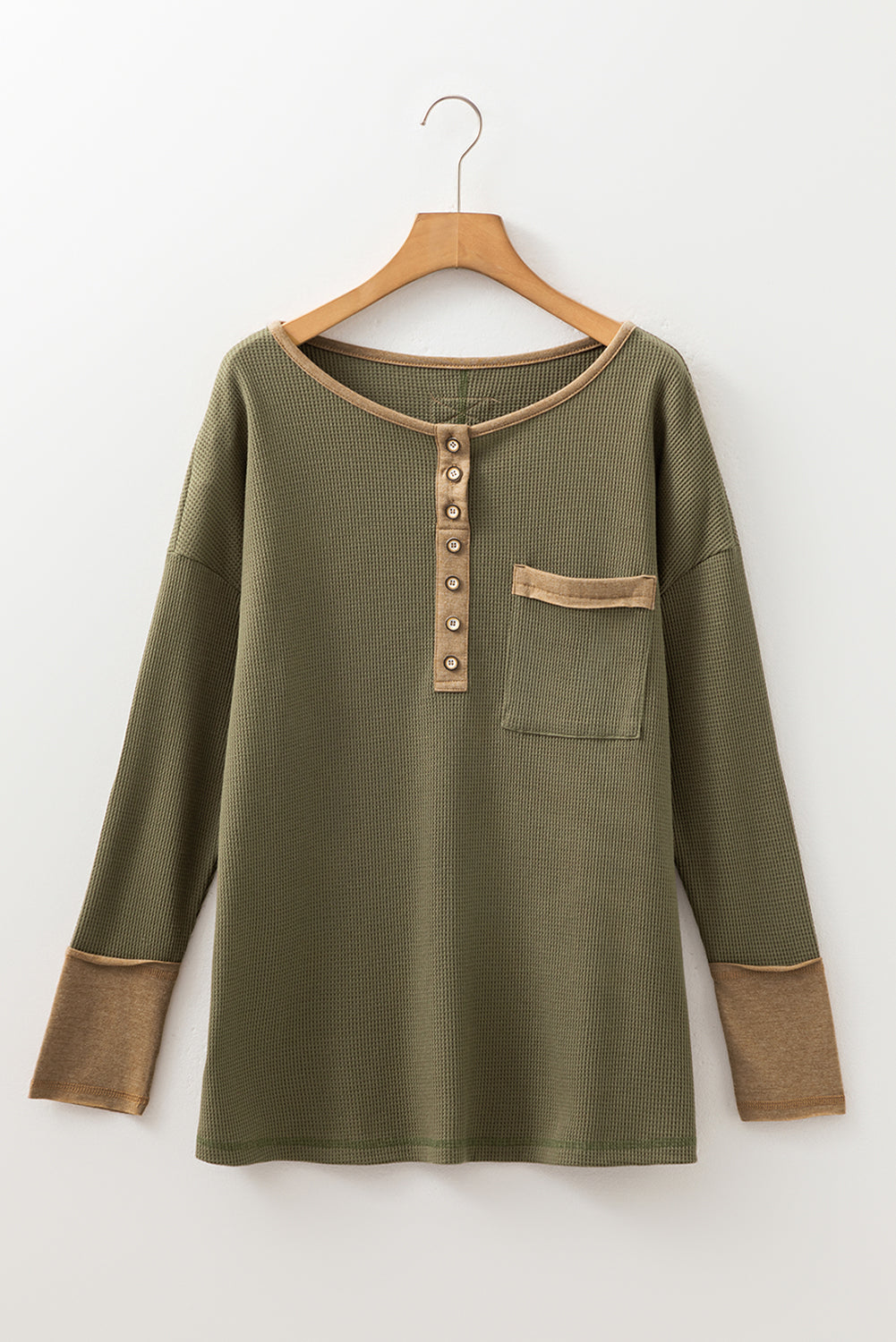 Blake Waffle Textured Tunic Henley Top with Slits Threaded Pear