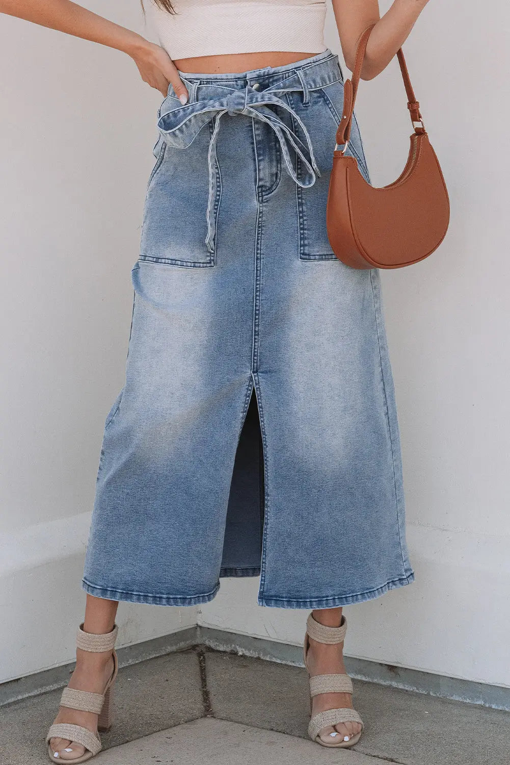 Ariah High Waist Midi Denim Skirt Threaded Pear