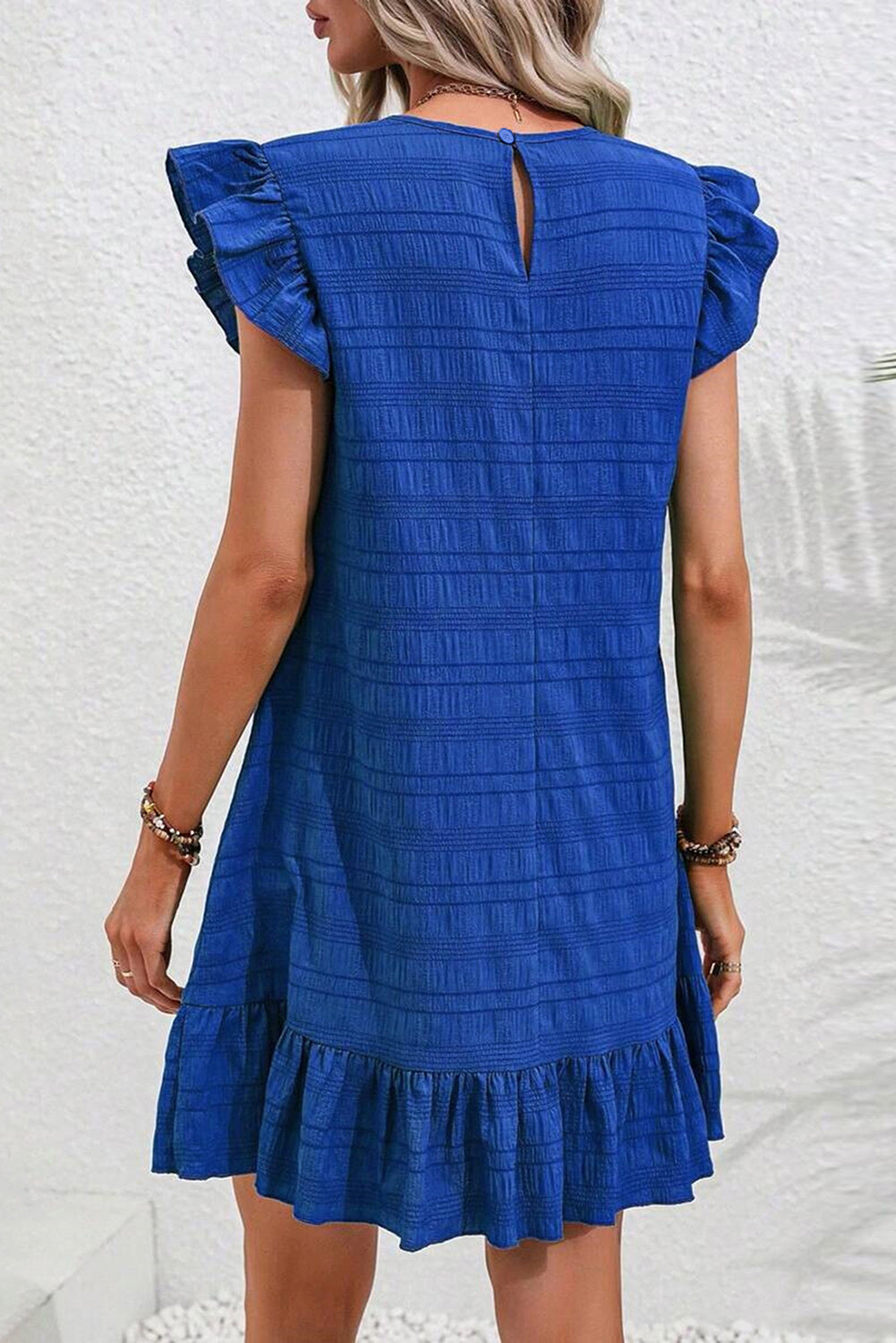 Claire Textured Flutter Sleeve Ruffled Mini Dress Threaded Pear