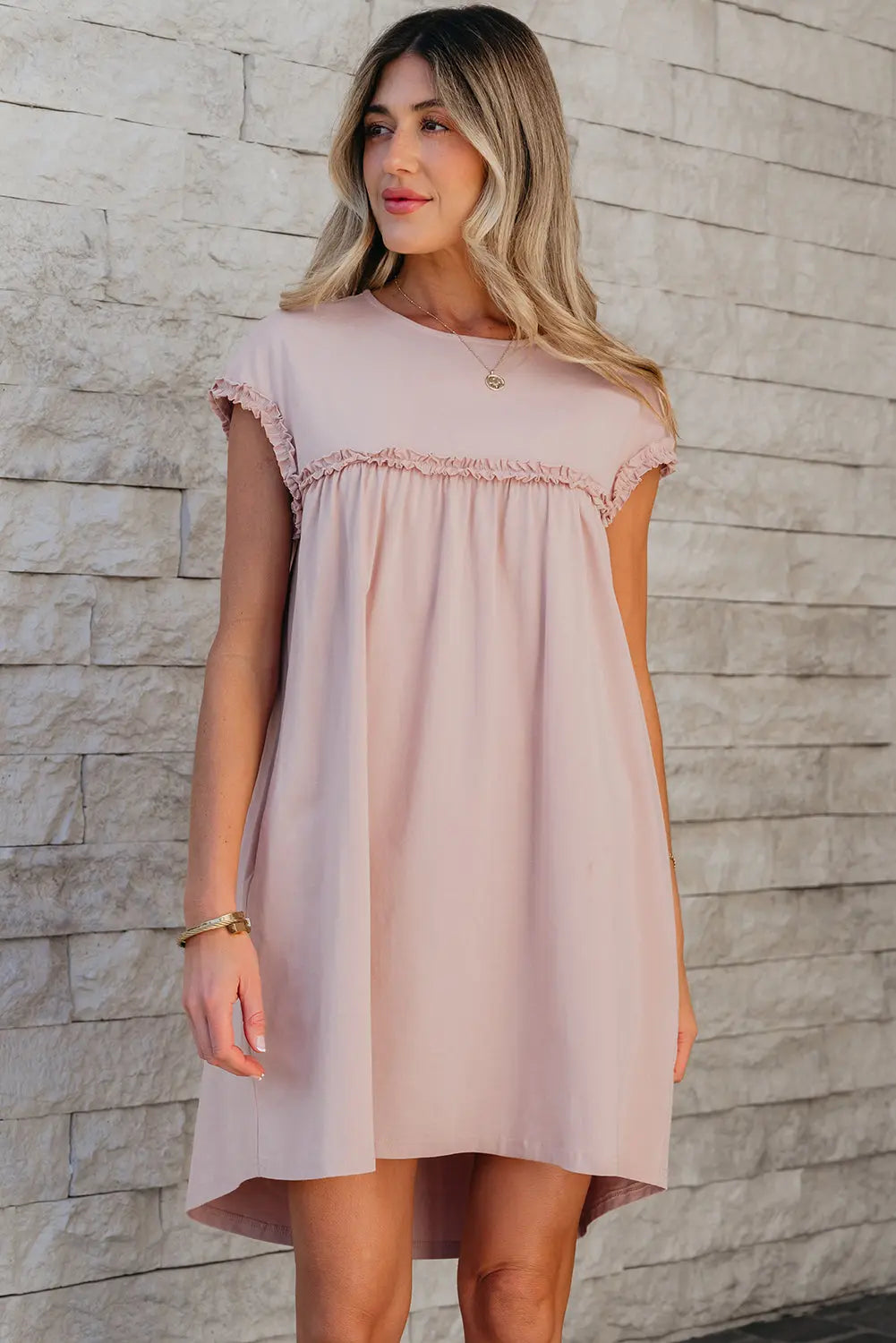 Kennedi Frilled Trim Loose Fit Mini Dress Threaded Pear