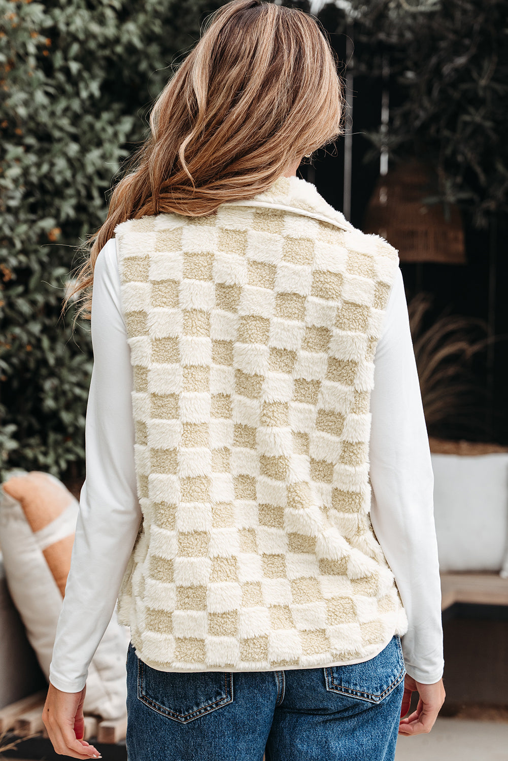 Stevie Sherpa Checkerboard Button Vest With Pocket Threaded Pear