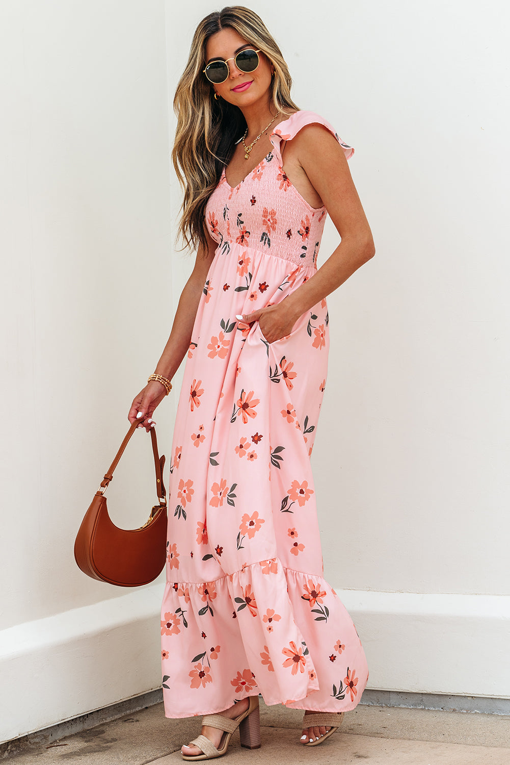 Clare Floral High Waist Ruffle Hem Long Dress