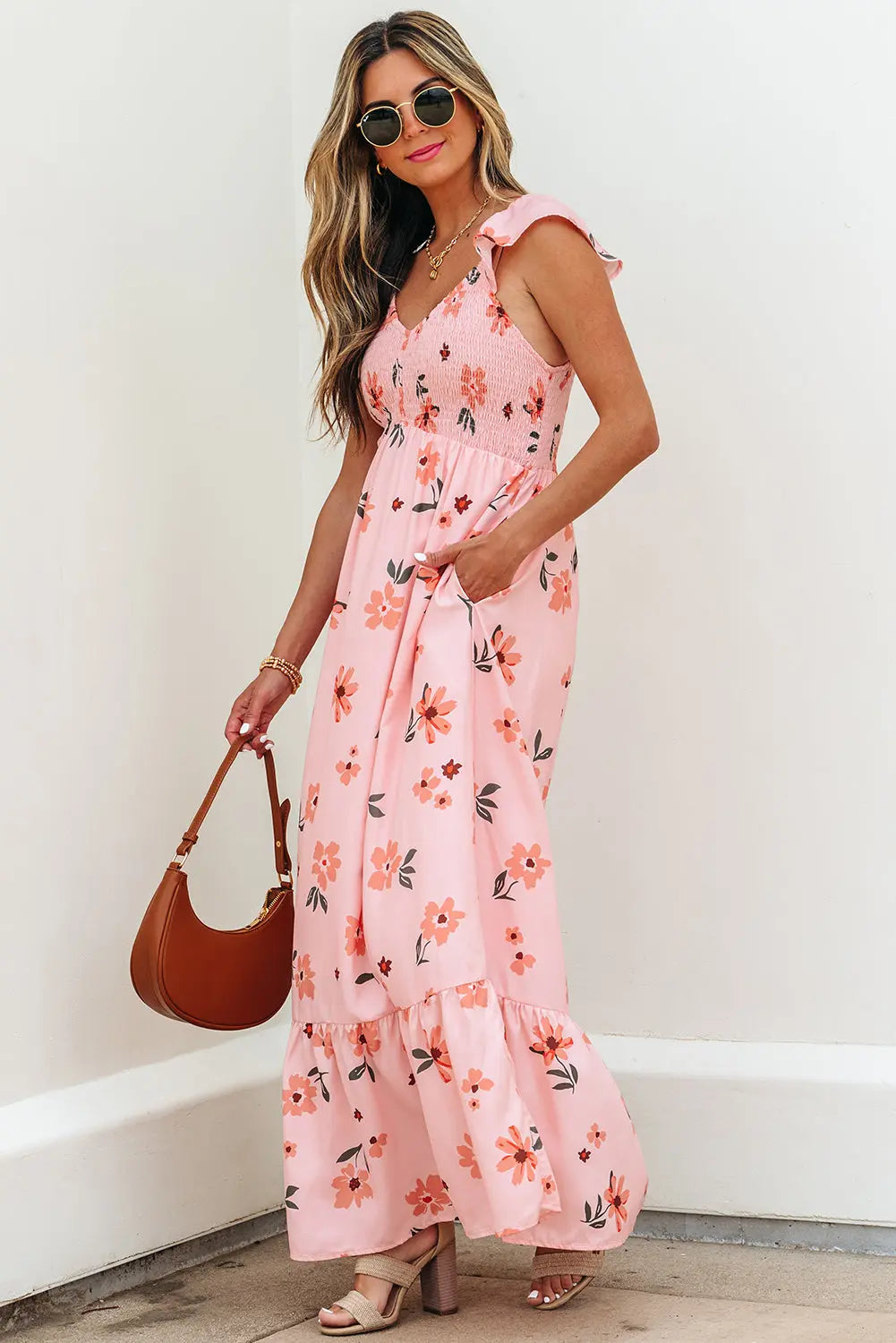 Clare Floral High Waist Ruffle Hem Long Dress Threaded Pear