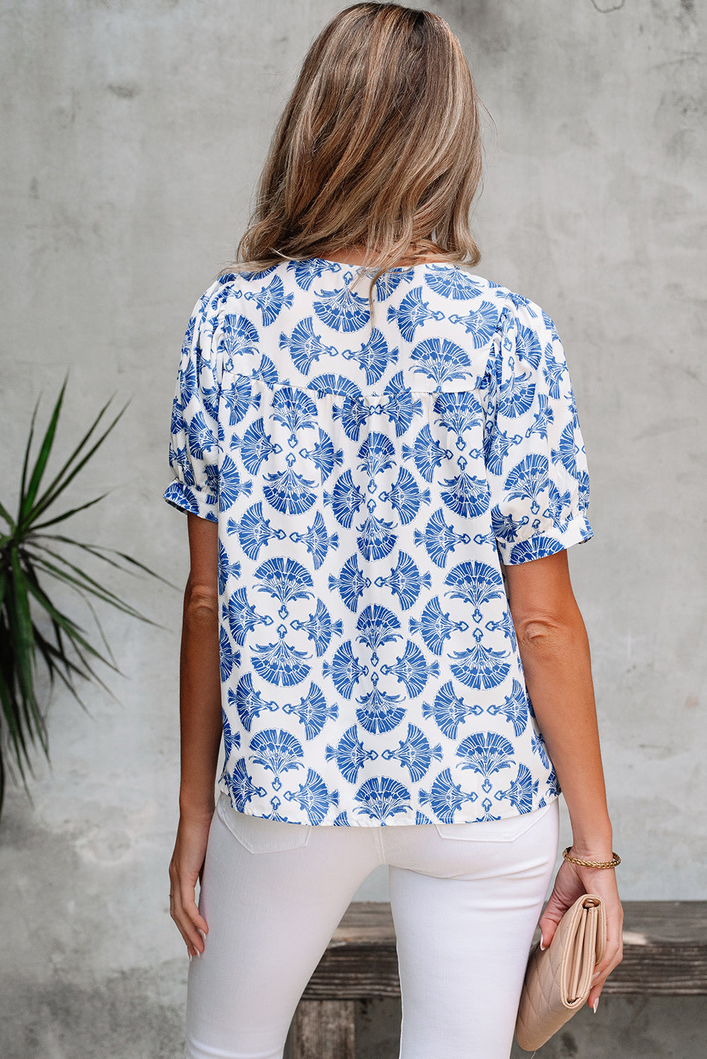 Grace Geometric Tassel Drawstring V Neck Blouse Threaded Pear