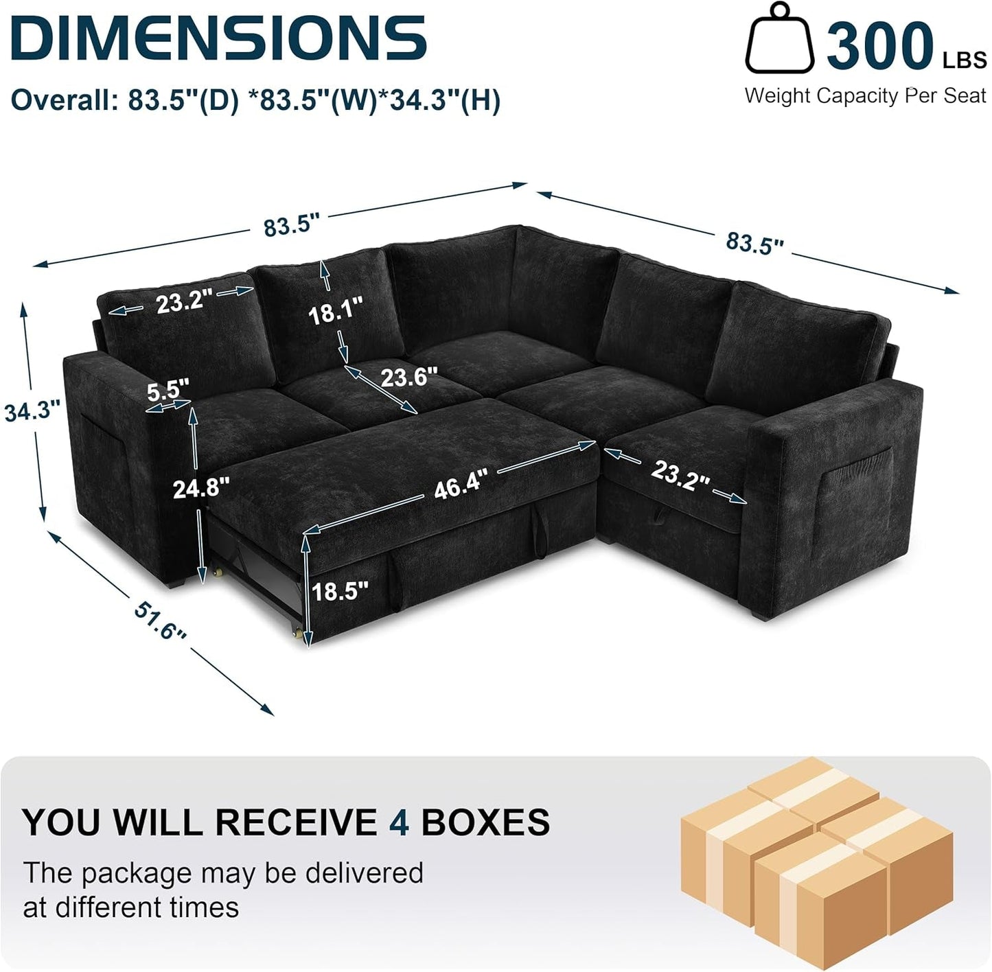 Black 83Inch Deluxe Sleeper Sectional Sofa With Storage ShipItFurniture