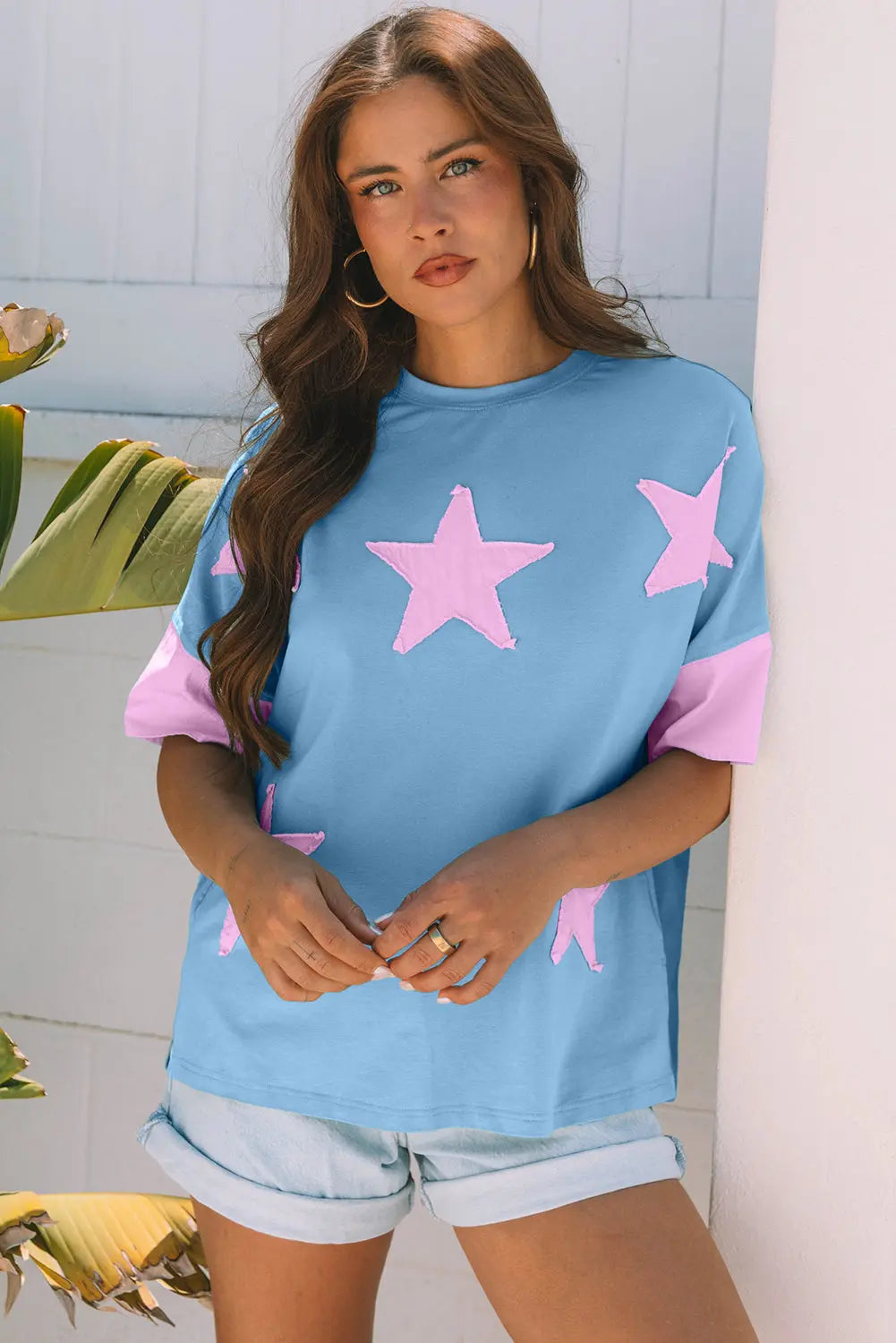 Etta Frayed Denim Star Patched Oversize Top Threaded Pear