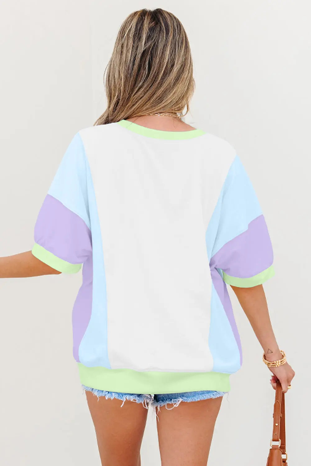 Zoe Patchwork Half Sleeve Oversized Top Threaded Pear