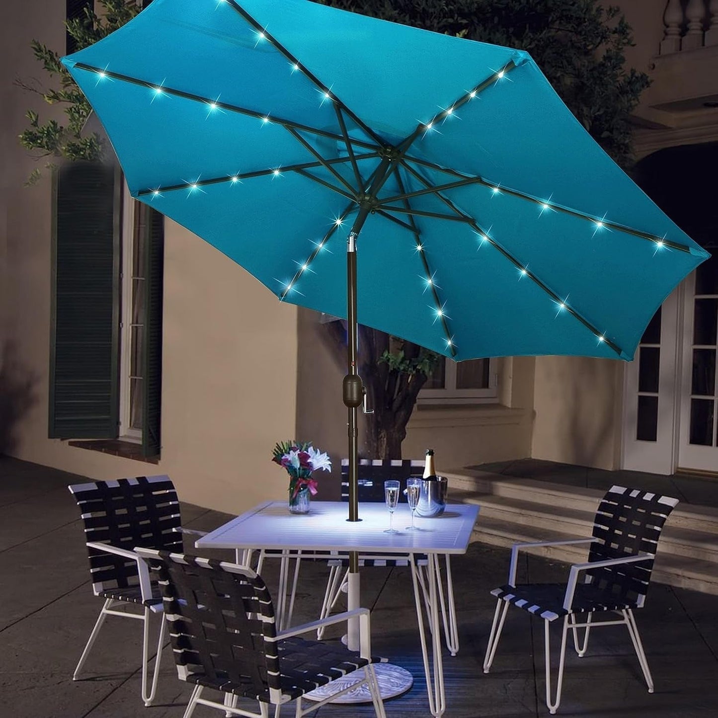 9 Ft Solar Umbrella 32 LED Lighted Patio Umbrella Table Market Umbrella with Tilt and Crank Outdoor Umbrella for Garden, Deck, Backyard, Pool and Beach (Cerulean) ShipItFurniture