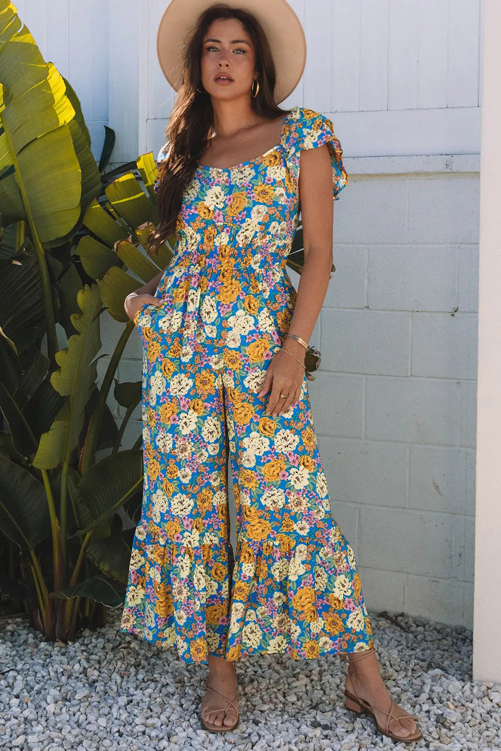 Amayah Allover Shirred Cut Out High Waist Jumpsuit Threaded Pear