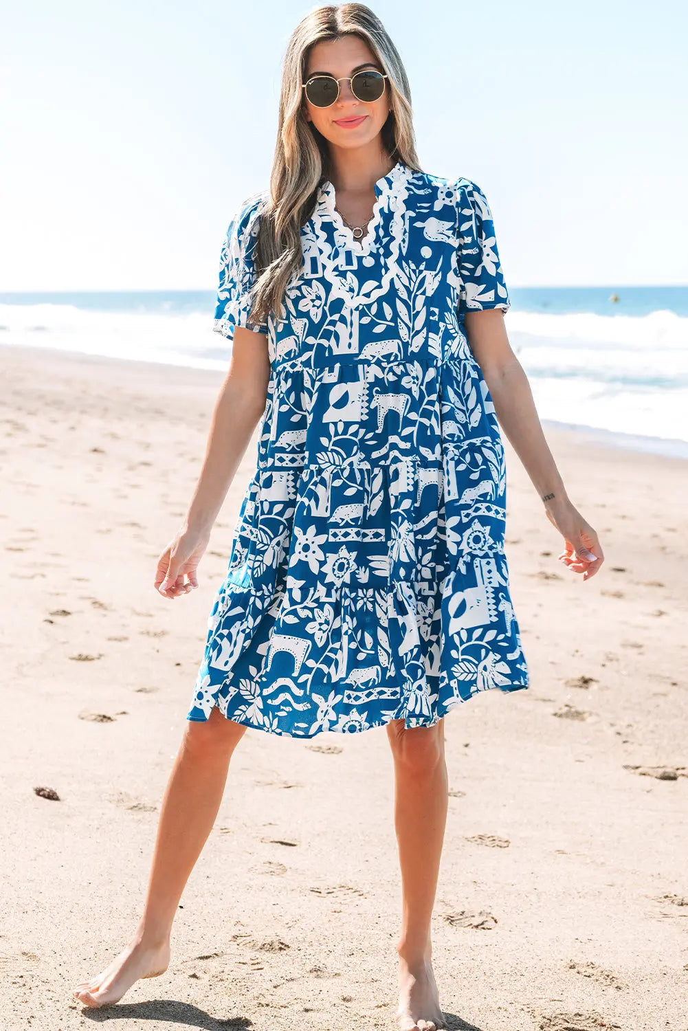 Halle Ricrac Trim Split Neck Floral Loose Dress Threaded Pear