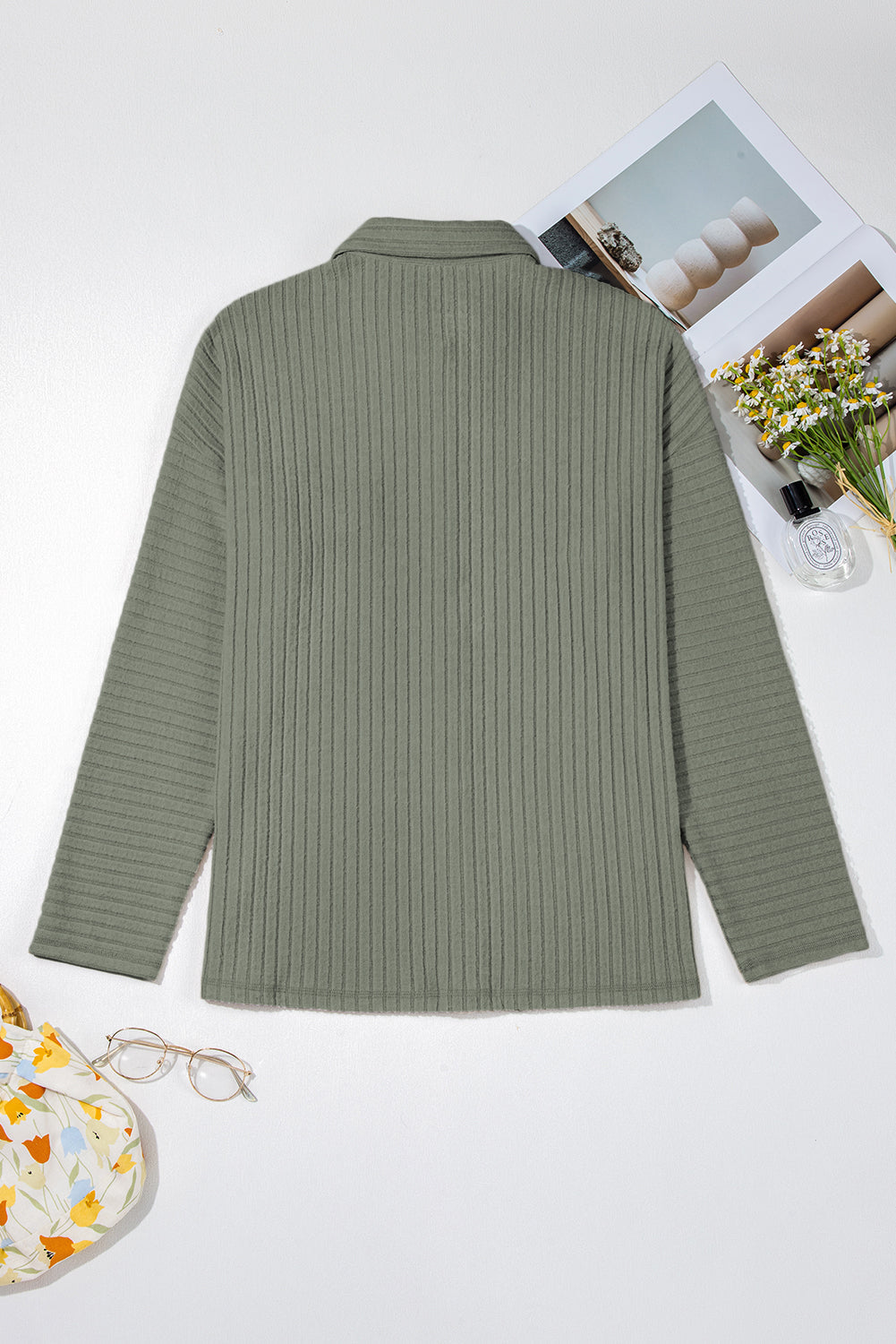 Lucia Ribbed Texture Button Up Shacket Threaded Pear