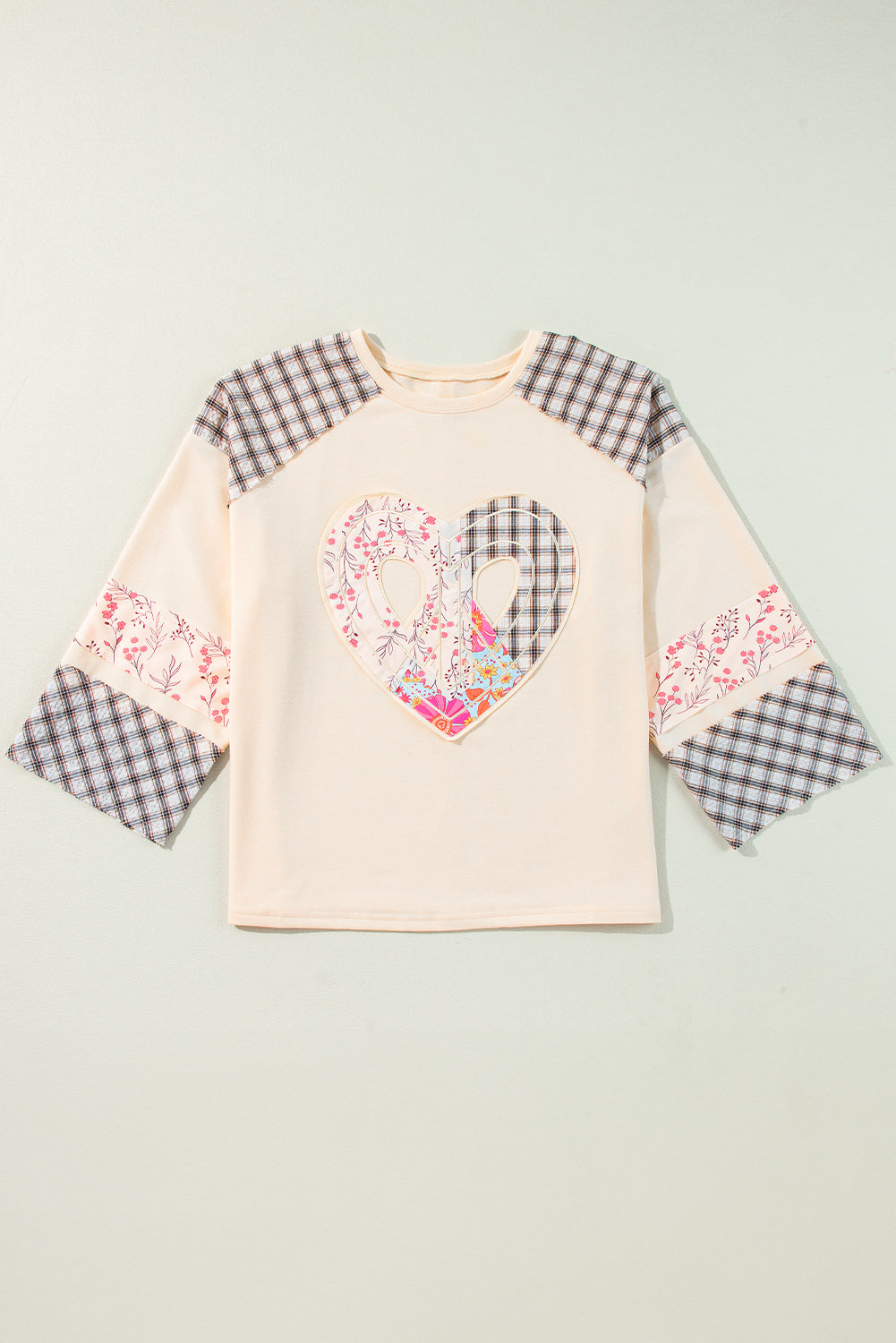 Emilia Plaid Floral Peace Heart Long Sleeve Top Threaded Pear