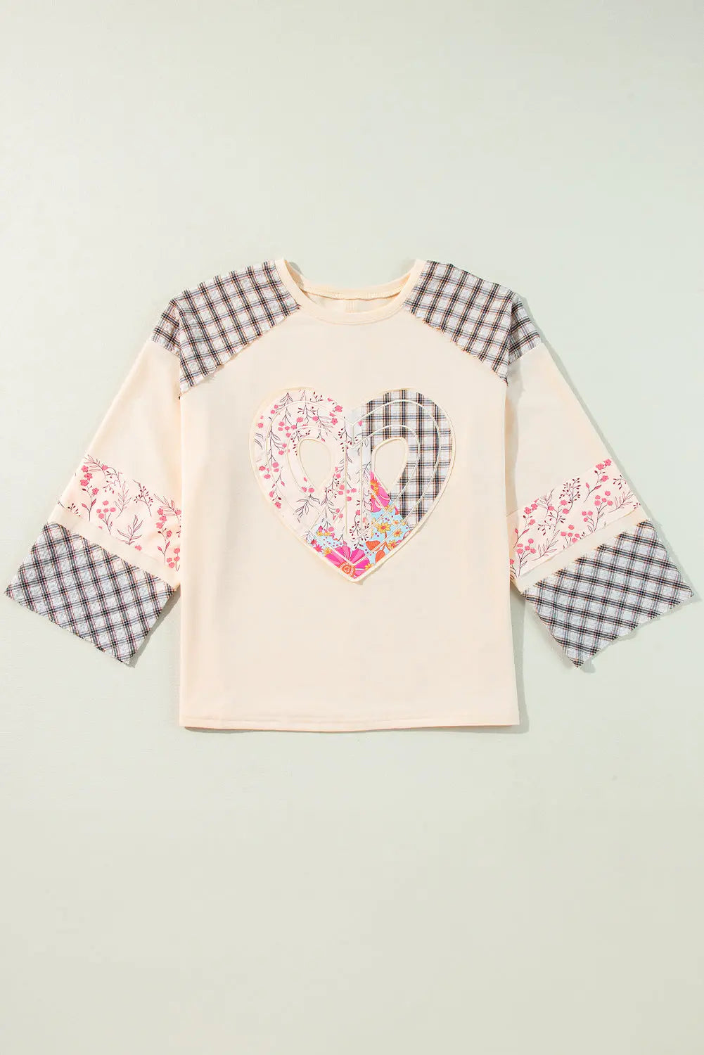 Emilia Plaid Floral Peace Heart Long Sleeve Top Threaded Pear