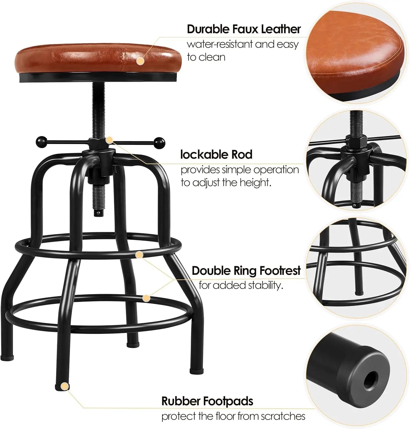 Industrial Bar Stools Vintage Counter Height Bar Stool with round Faux Leather Seat Metal Stool Adjustable Kitchen Stool 21.5-28 Inch Tall Light Brown, 1PCS ShipItFurniture