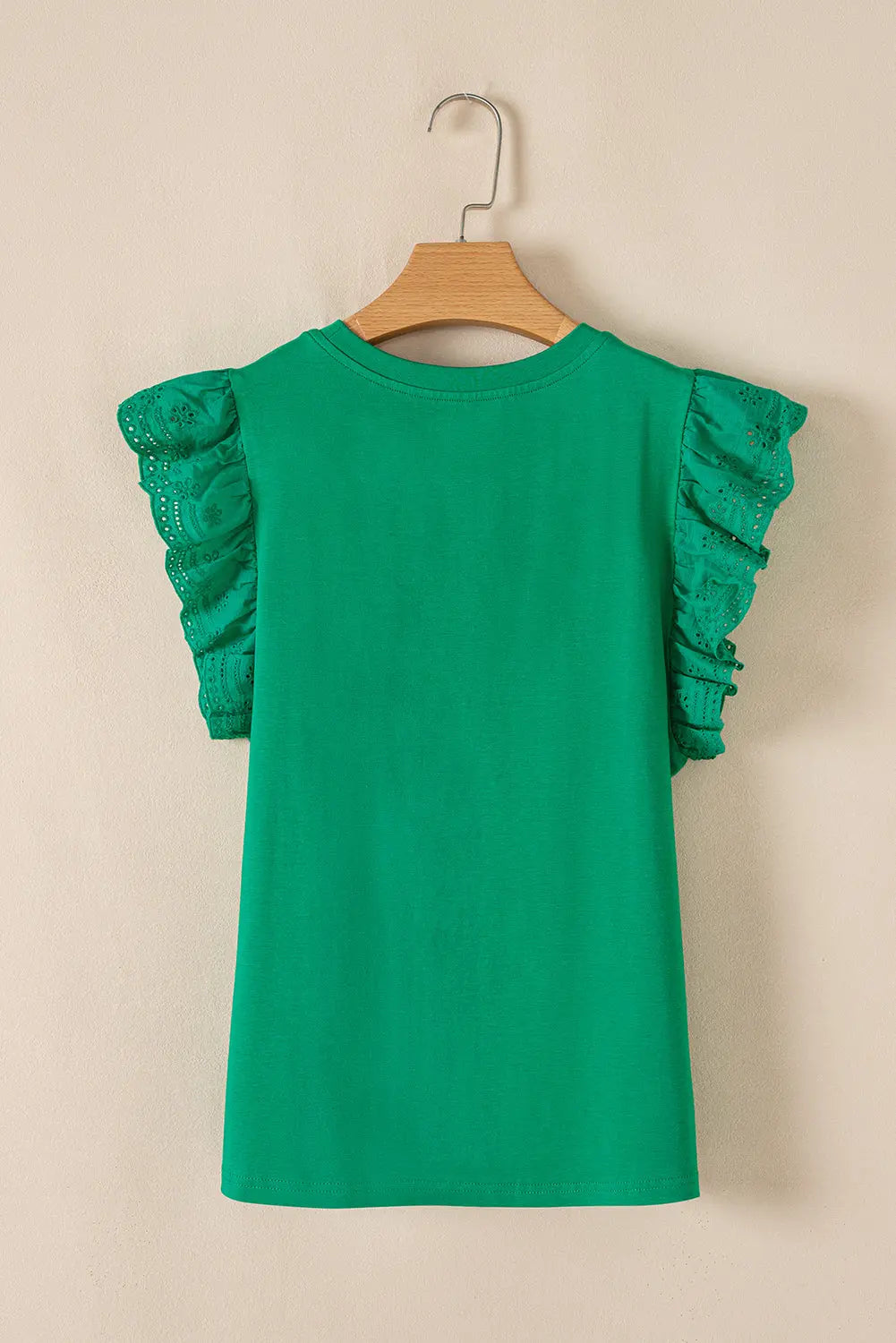 Nellie Embroidered Ruffled Sleeve Slim Fit Crew Neck Top Threaded Pear