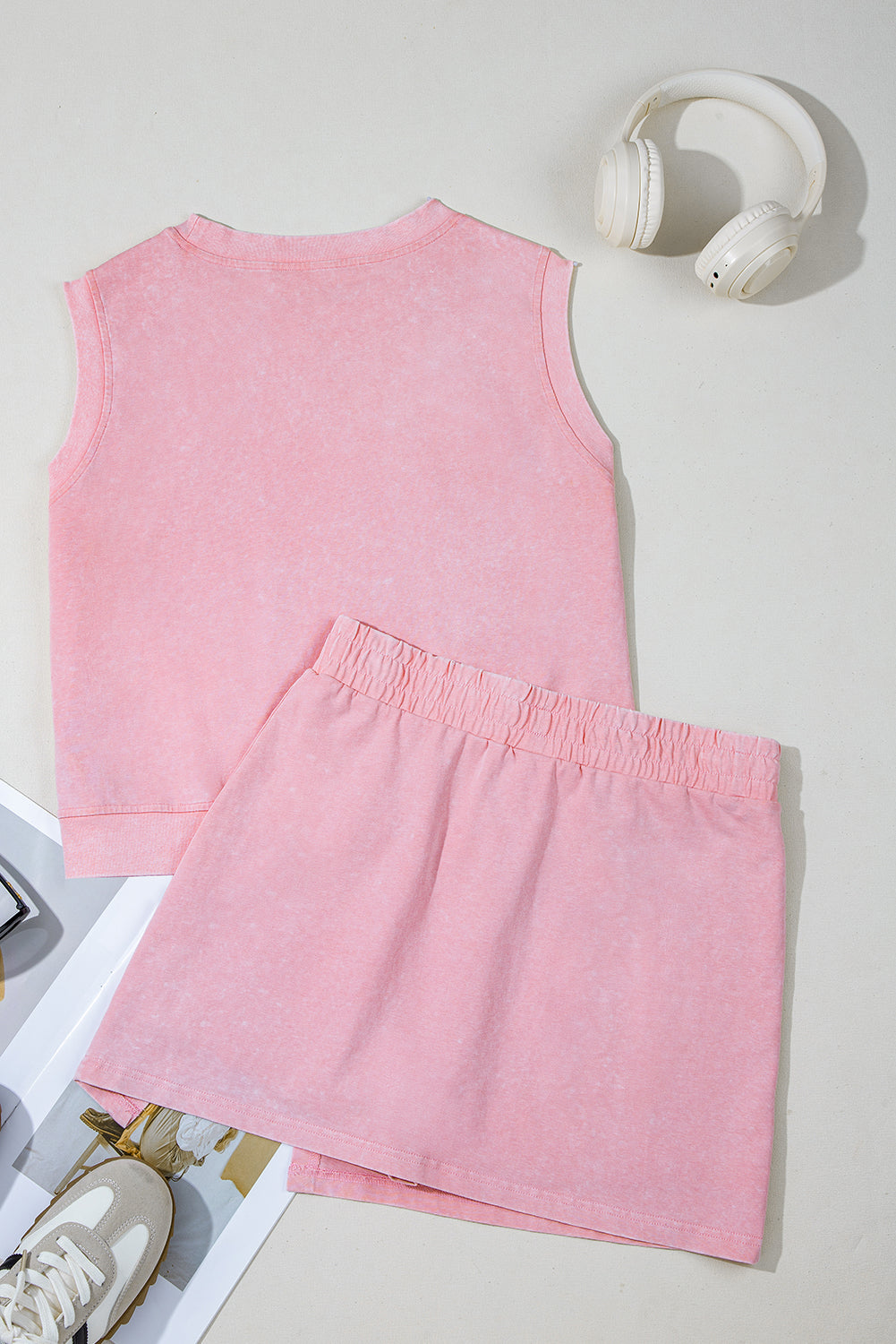 Aria 2 Pieces Mineral Wash Cotton Tank Top Lined Split Skirt Set Threaded Pear