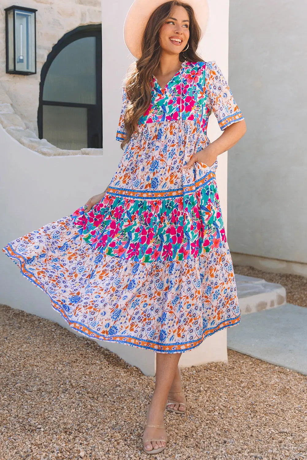 Siena Mixed Floral Short Sleeve Dress Threaded Pear