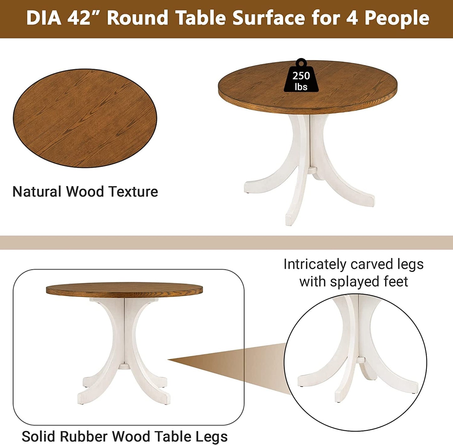 Dining Table Set for 4, Mid-Century Solid Wood 5-Piece round Dining Room Table Set ShipItFurniture
