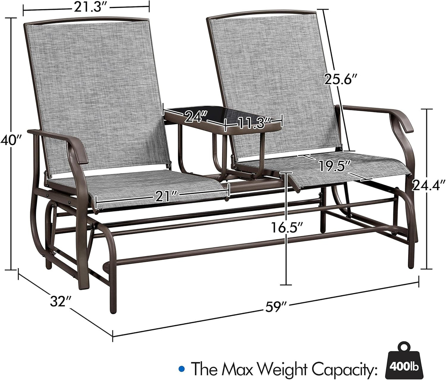 Two-Seat Outdoor Glider Bench with Center Table ShipItFurniture