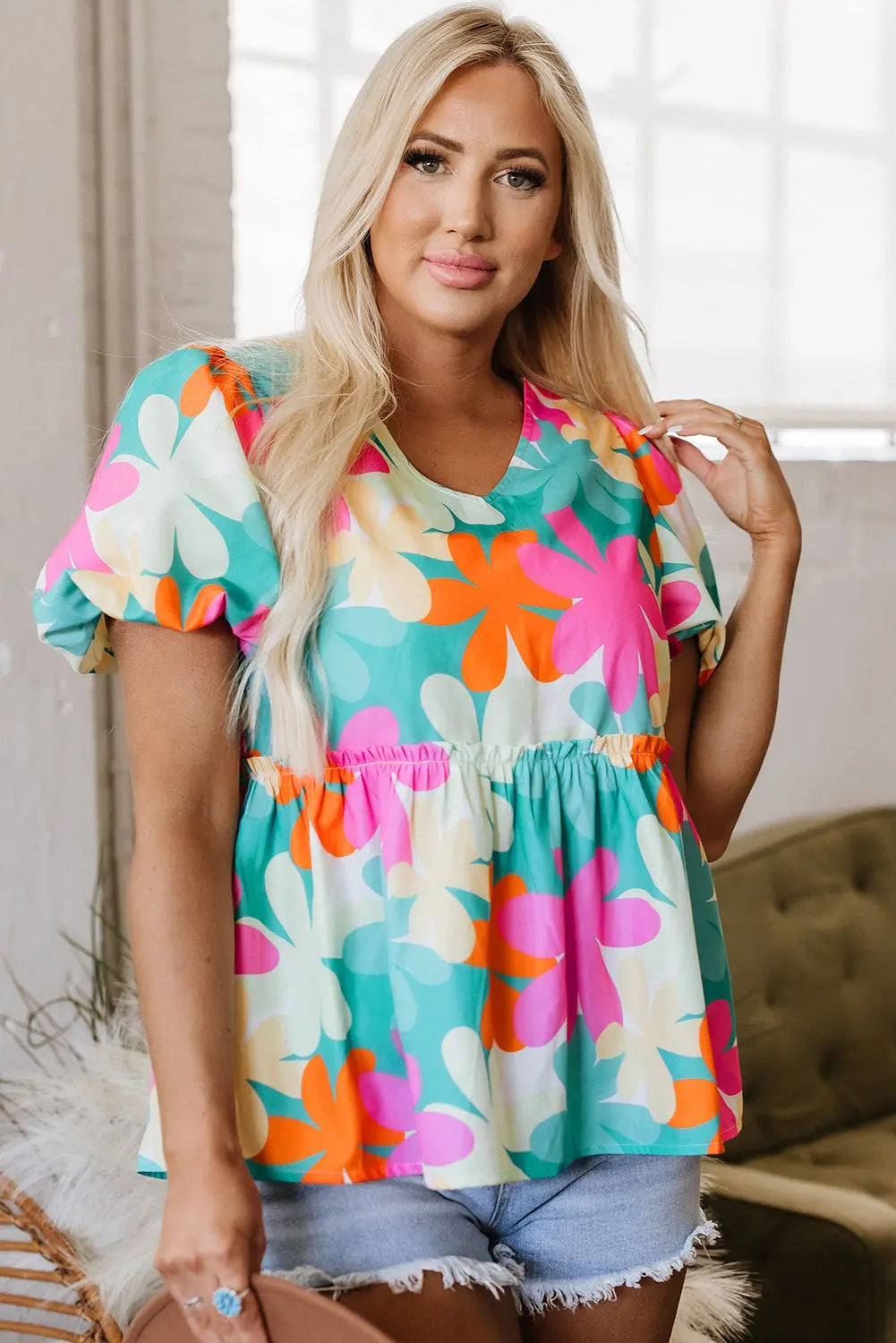 Rayne Floral V Neck Peplum Blouse Threaded Pear