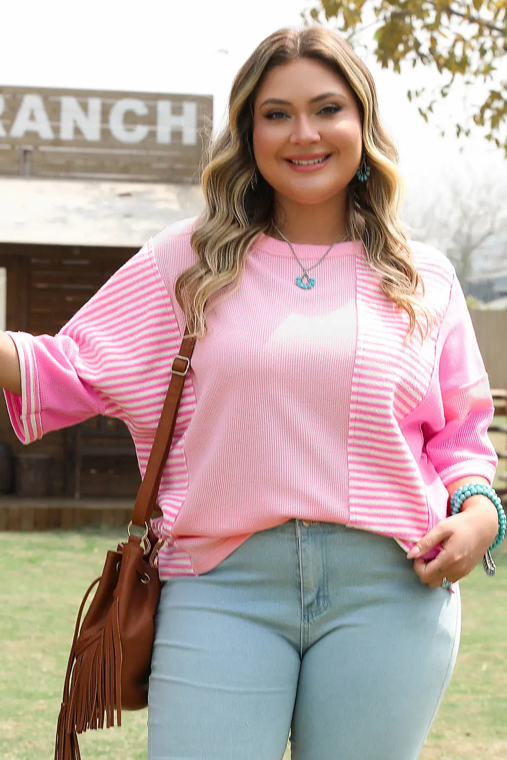 Reagan Plus Size Stripe Patchwork Top Threaded Pear