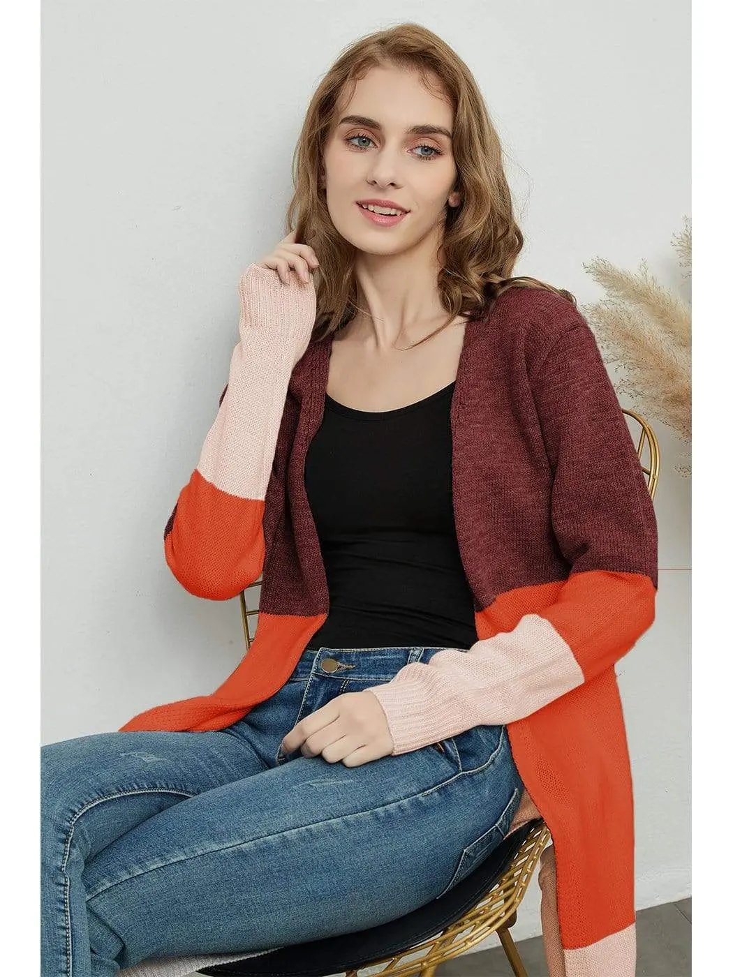 Long Sleeve Open Front Casual Knit Sweaters Coat Soft Outwear Striped Draped Kimono Cardigan