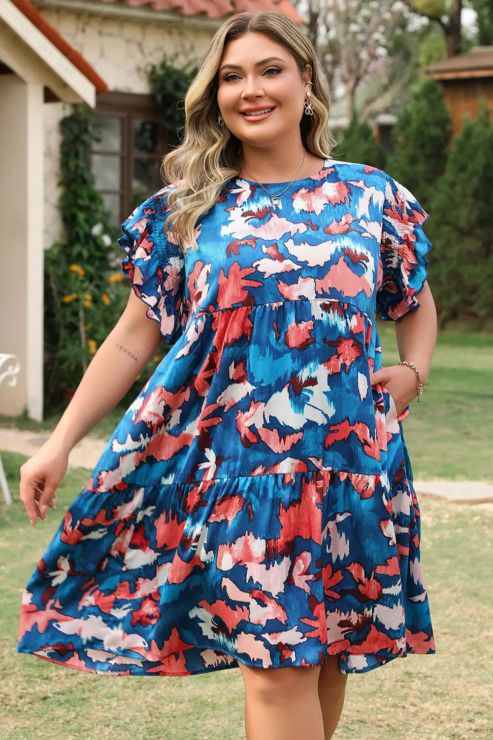 Palmer Plus Size Ruffled Short Sleeve Dress Threaded Pear
