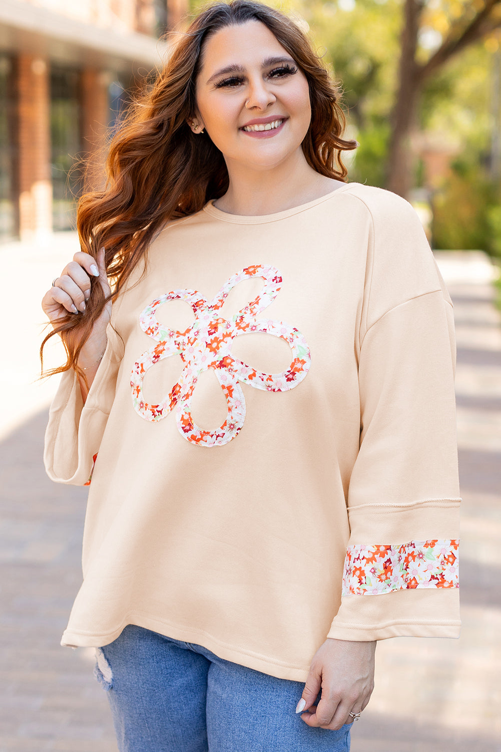 Harmony Plus Size Flower Patched Top Threaded Pear