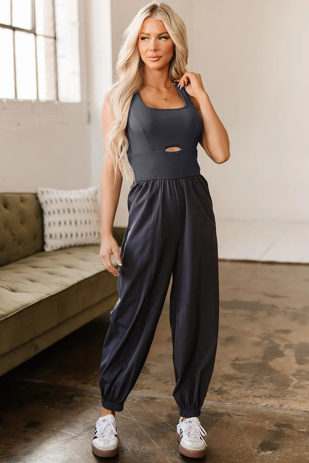 Avianna Back Crossed Straps Hollow Out Jogger Jumpsuit Threaded Pear