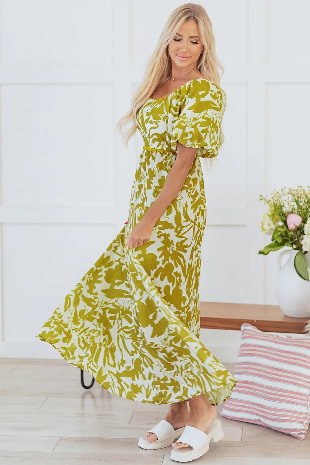 Renata High Waist Floral Maxi Dress Threaded Pear