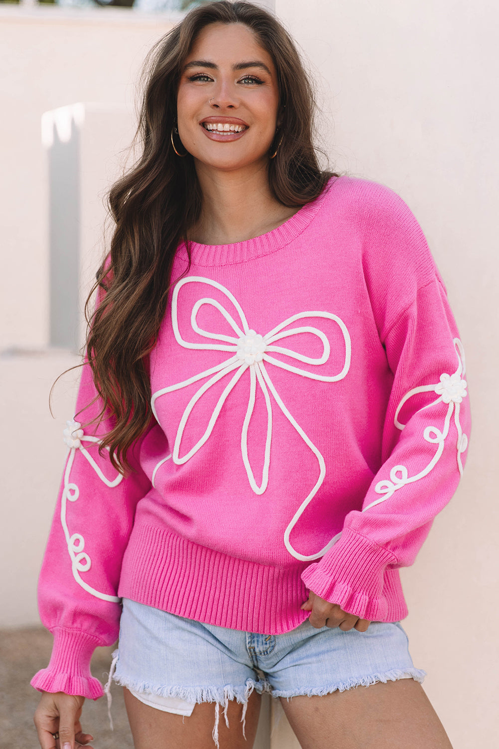 Corded Flower Bow Ribbed Trim Casual Sweater Threaded Pear