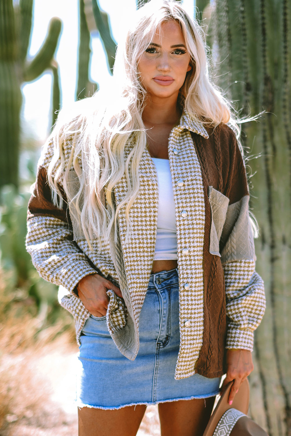 Luna Houndstooth Loose Shacket Threaded Pear
