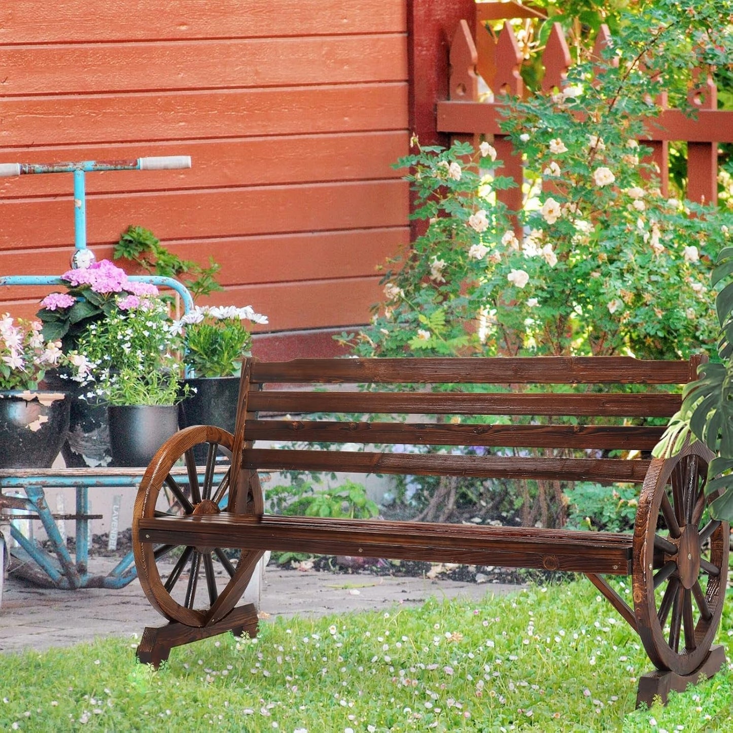 Rustic Wooden Garden Bench with Wagon Wheel Arms ShipItFurniture
