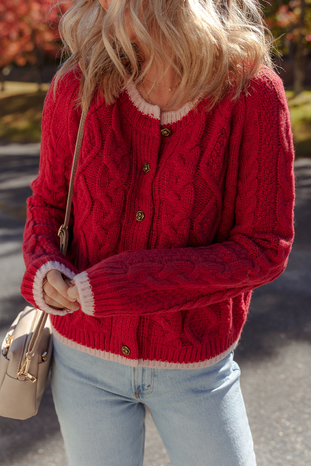 Kennedy Cable Knit Buttoned Cardigan Threaded Pear