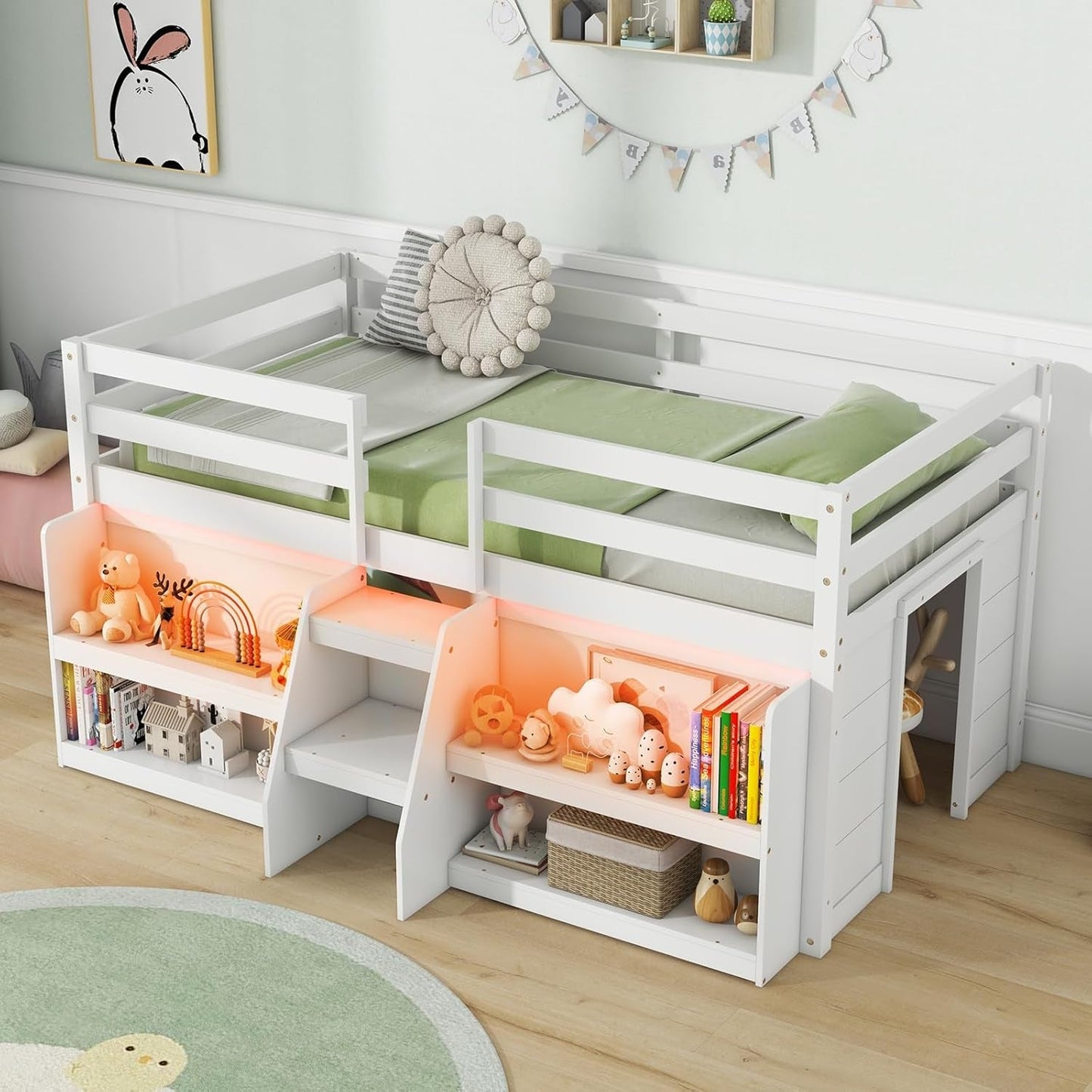 White Twin Low Loft Bed with LED & Stairs ShipItFurniture