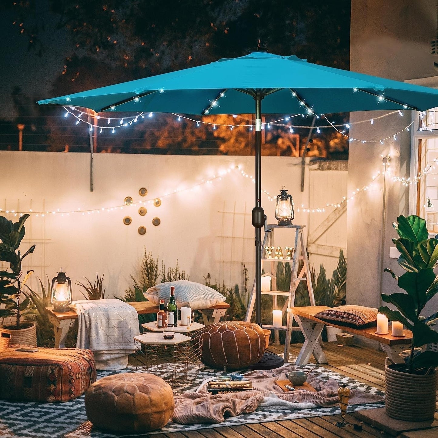 9 Ft Solar Umbrella 32 LED Lighted Patio Umbrella Table Market Umbrella with Tilt and Crank Outdoor Umbrella for Garden, Deck, Backyard, Pool and Beach (Cerulean) ShipItFurniture