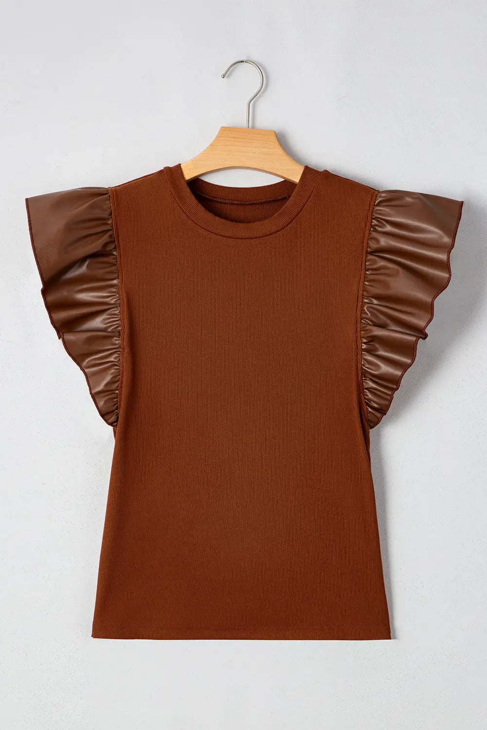 Macy Leather Ruffle Sleeve Blouse Threaded Pear