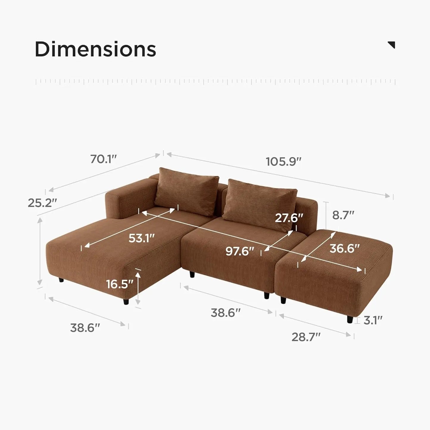 Corduroy Sectional Sofa Orange Brown L Shaped Chaise ShipItFurniture