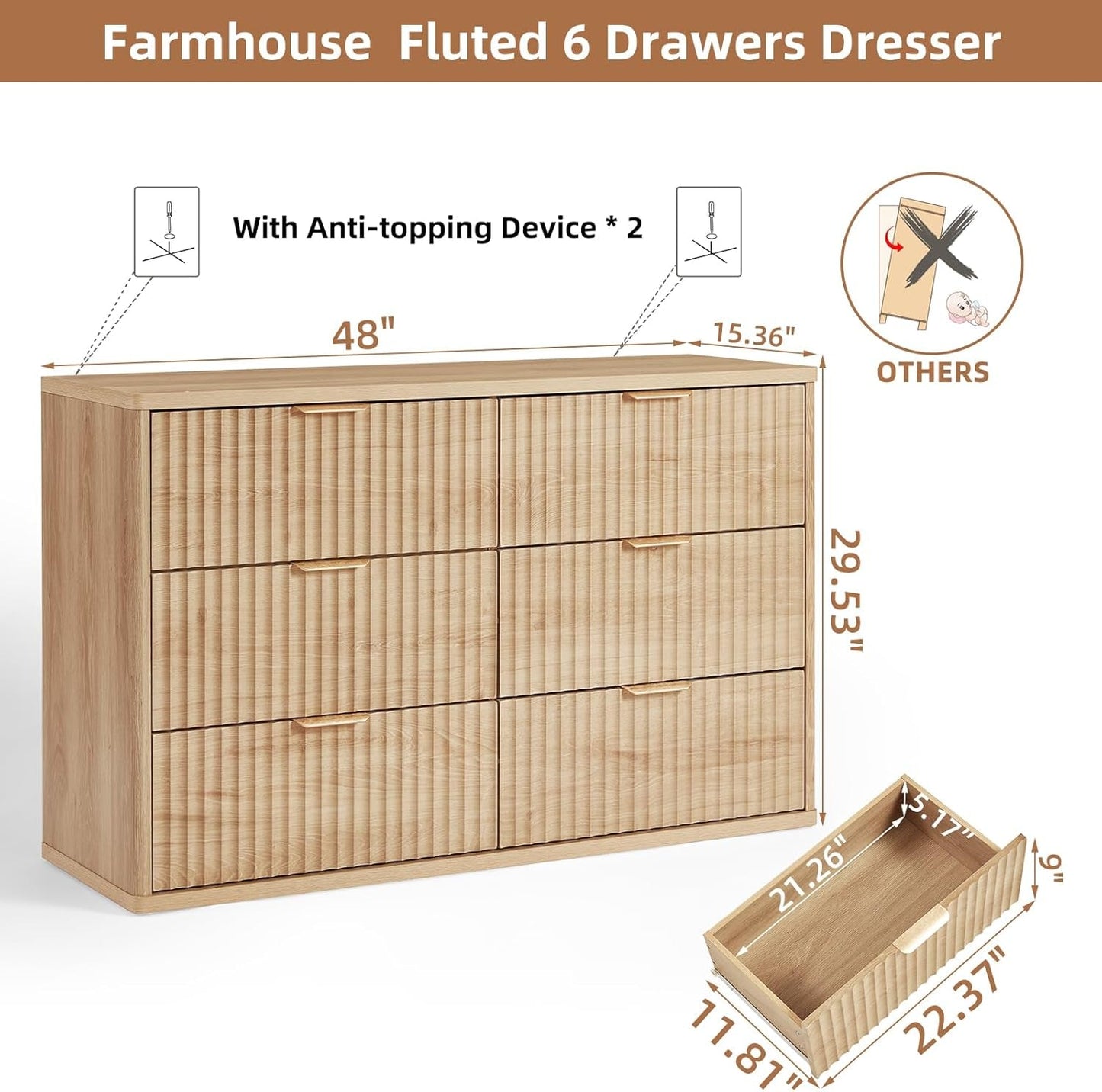 Fluted 6 Drawer Dresser 48 Inch Natural Wood Finish ShipItFurniture