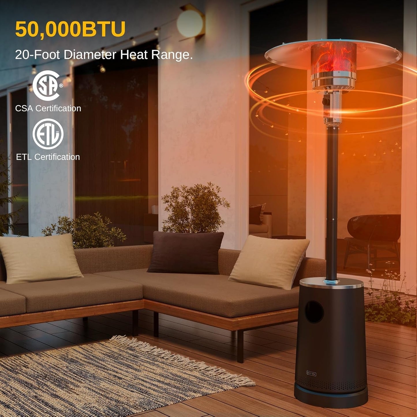 50,000 BTU Patio Heater with Sand Box, Table Design, Double-Layer Stainless Steel Burner, Wheels, Triple Protection System, Outdoor Heater for Home and Residential, Pinecone ShipItFurniture