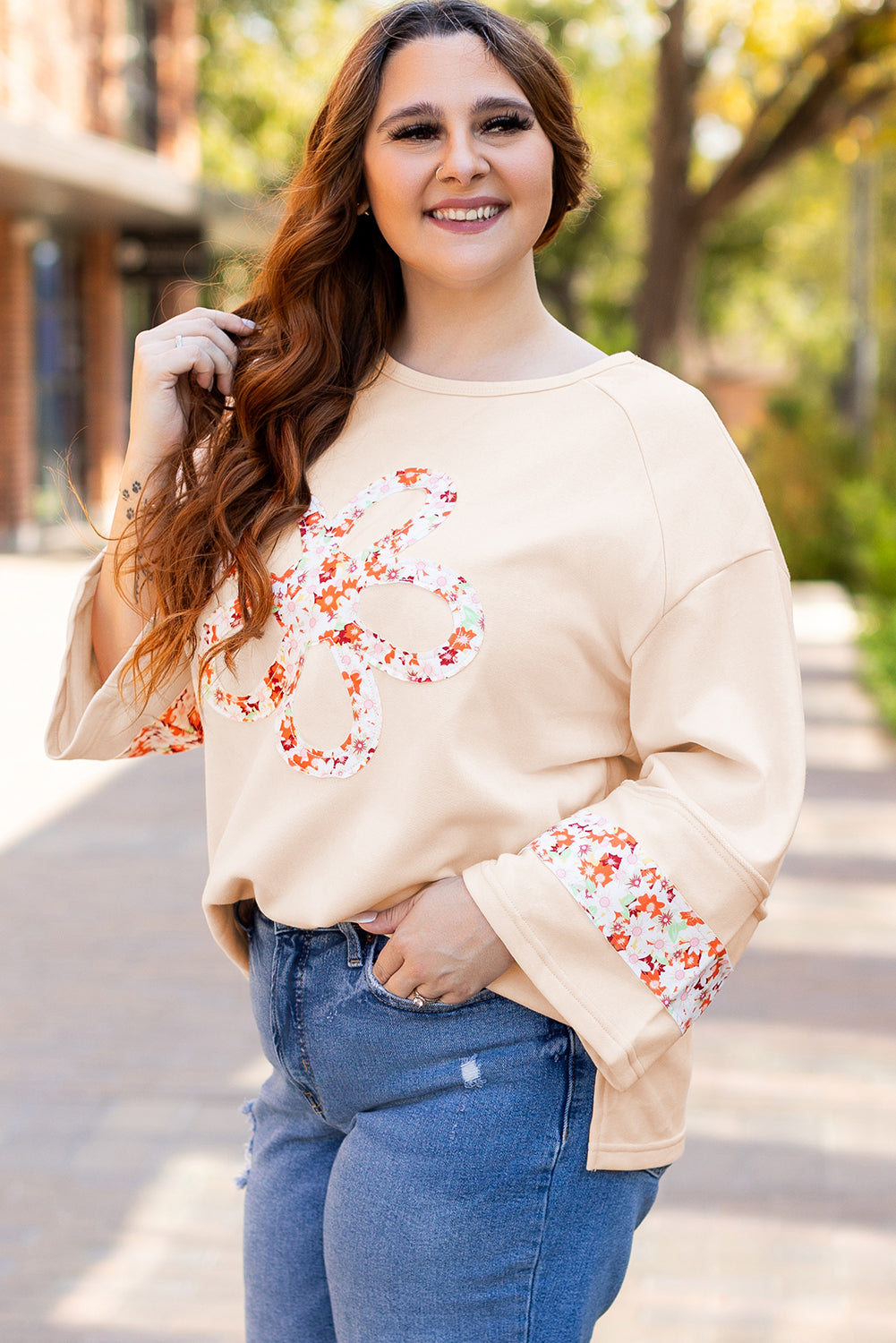 Harmony Plus Size Flower Patched Top Threaded Pear