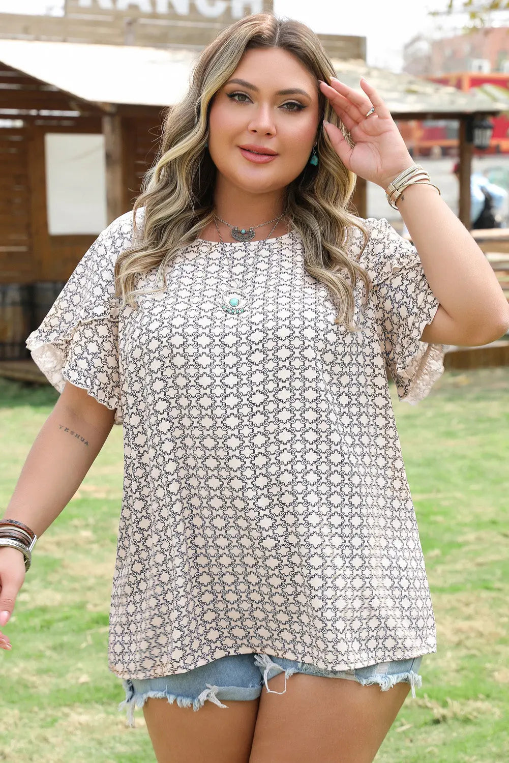 Faith Plus Size Geometric Ruffled Sleeve Blouse Threaded Pear