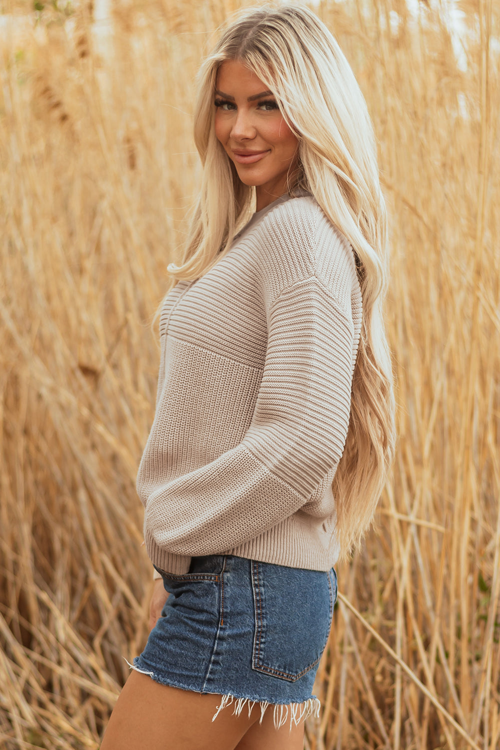 Delaney Texture Knitted Puff Sleeve Sweater Threaded Pear