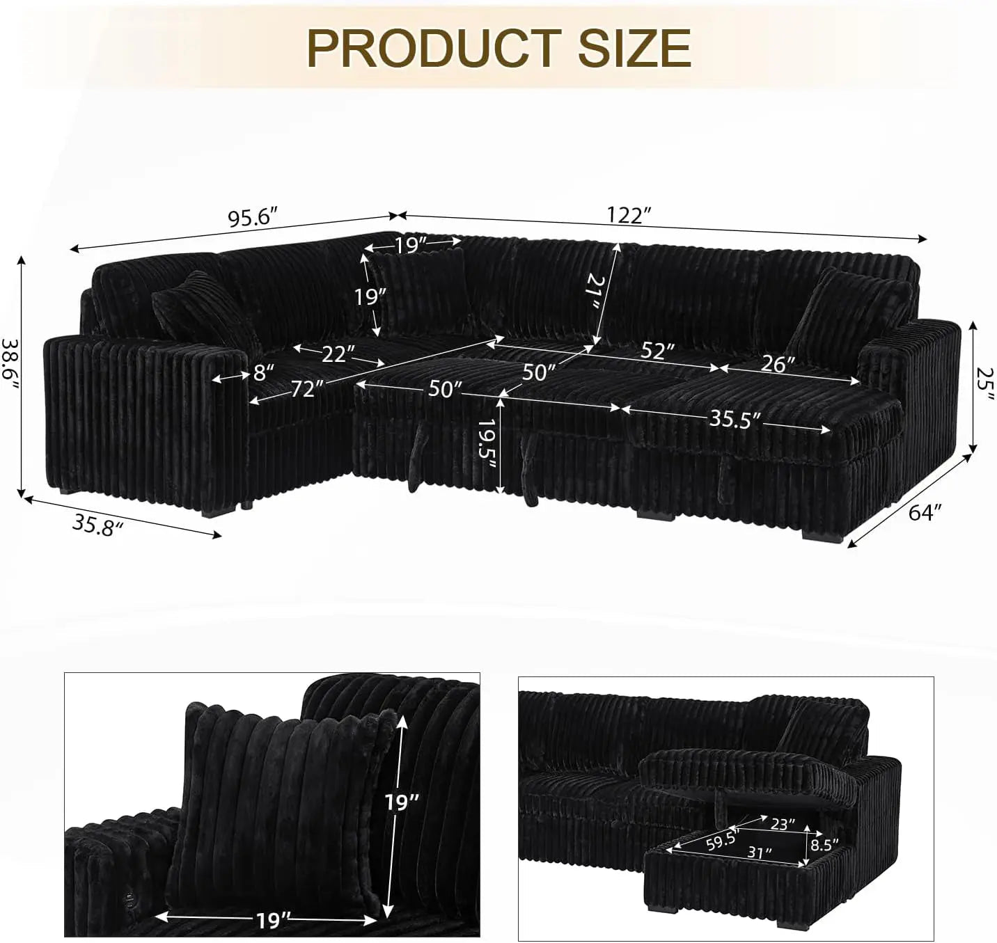 Black 122Inch U Shaped Sleeper Sectional USB Charging Ports - Get it from Bo