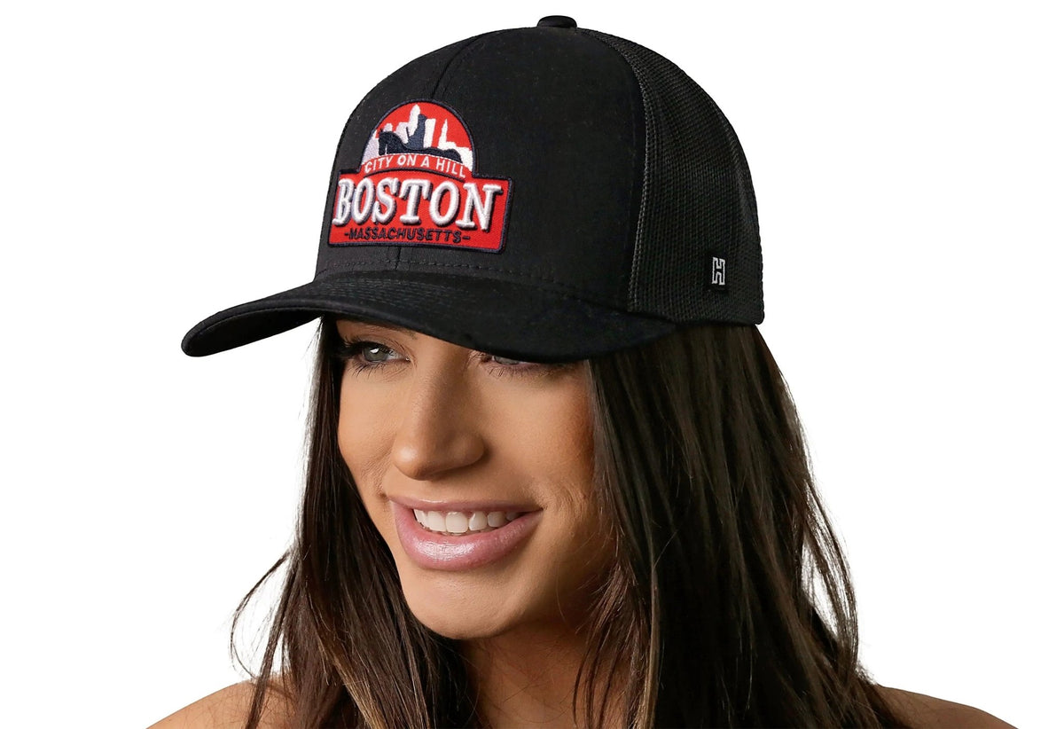 Boston City On A Hill Trucker Hat | Black Cityscape Snapback - Get it from Bo