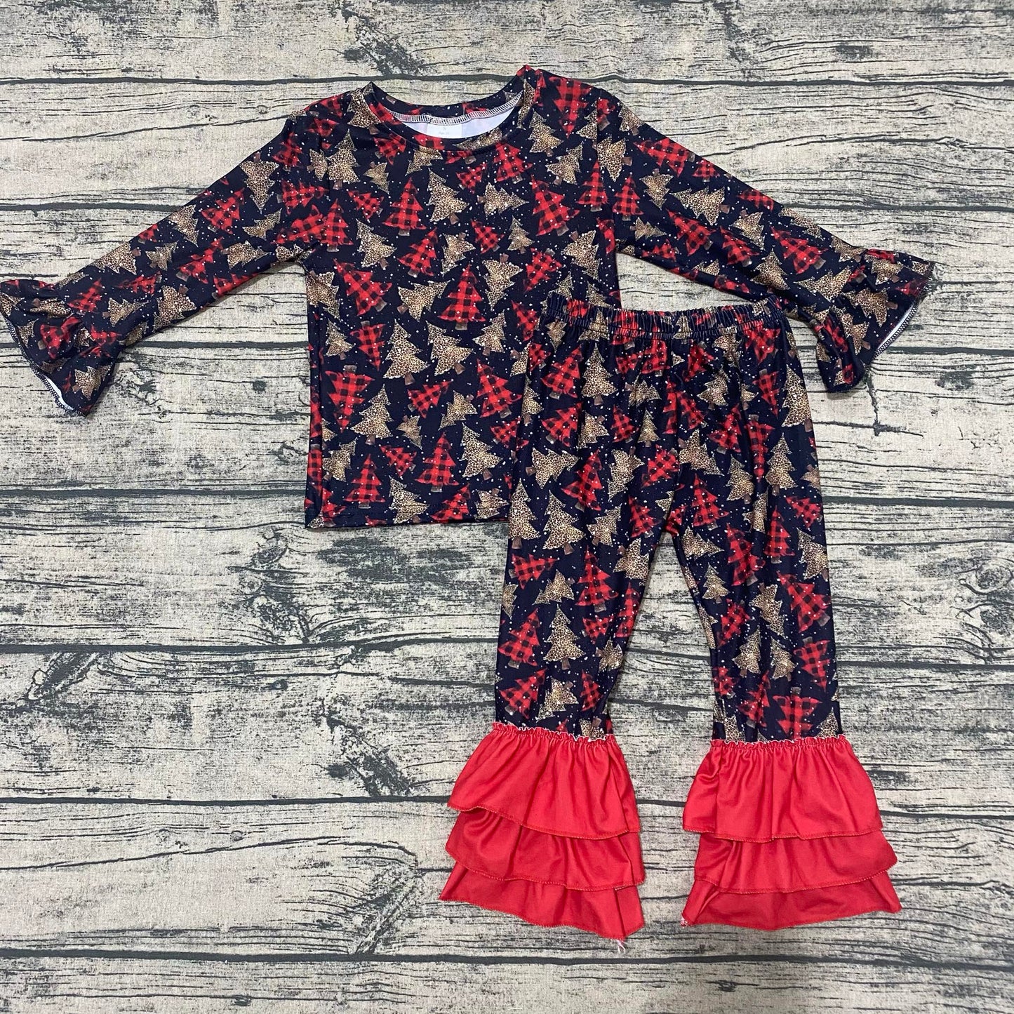 Buffalo Plaid trio trees two piece ruffle set - Get it from Bo