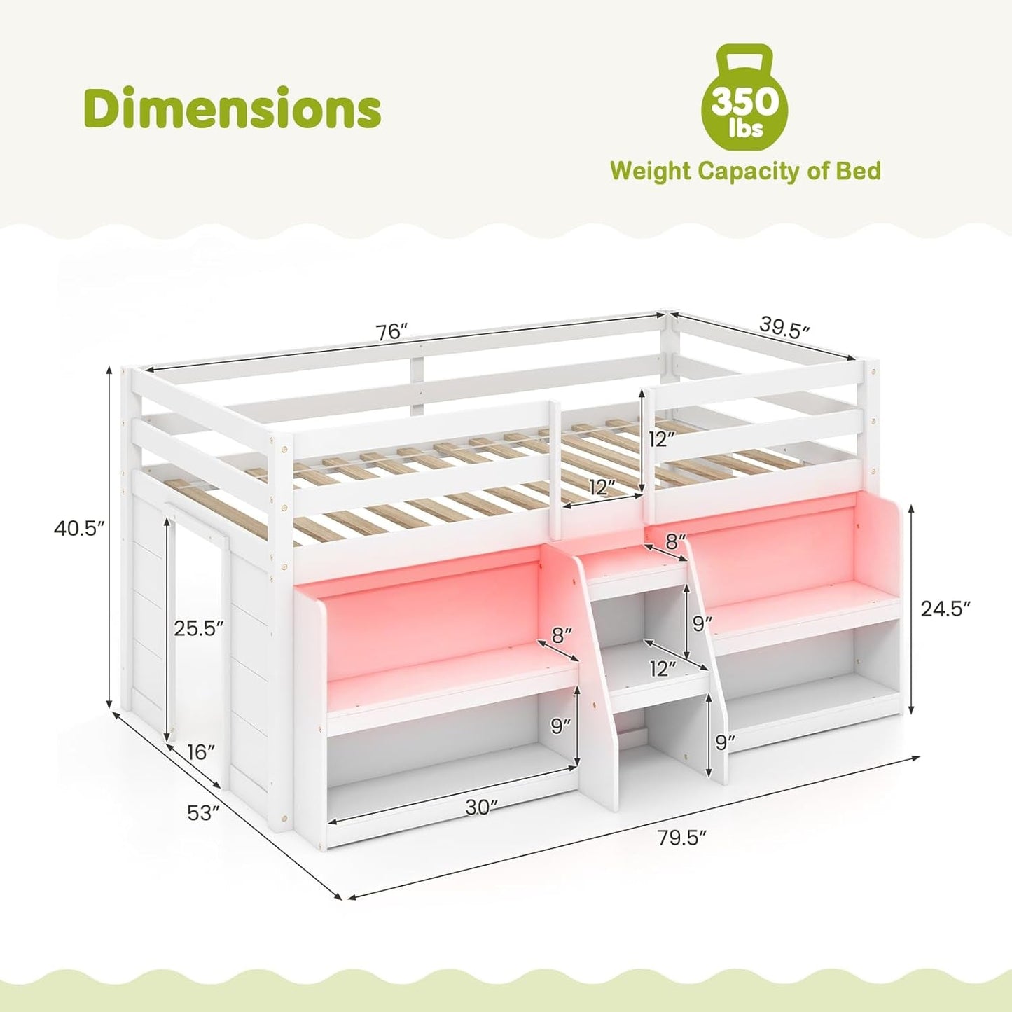 White Twin Low Loft Bed with LED & Stairs ShipItFurniture